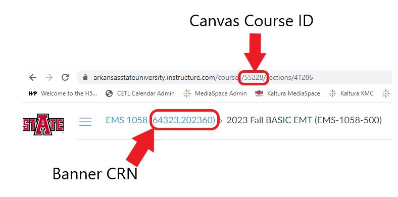 Location of the Canvas Course ID in the address bar and the Banner CRN in the Course Code